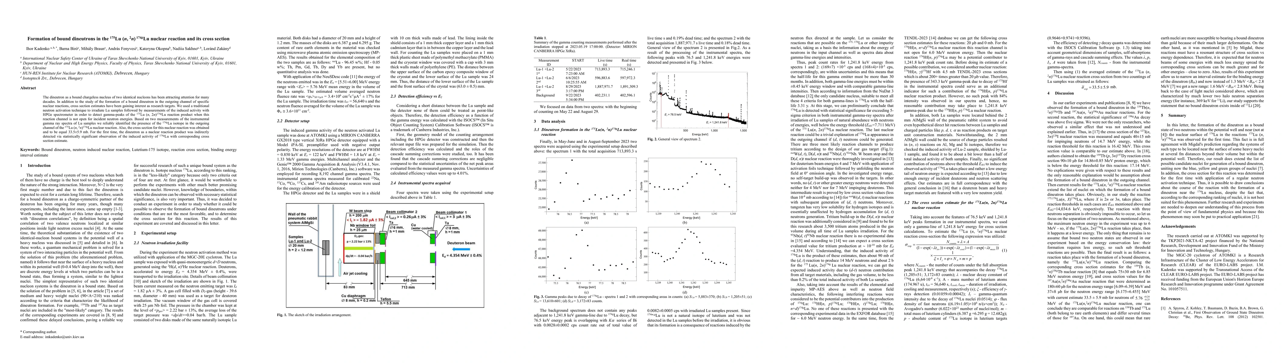 Thumbnail for Formation of bound dineutrons in the ${}^{175}Lu (n, {}^2n) {}^{174g}Lu$
  nuclear reaction and its cross section