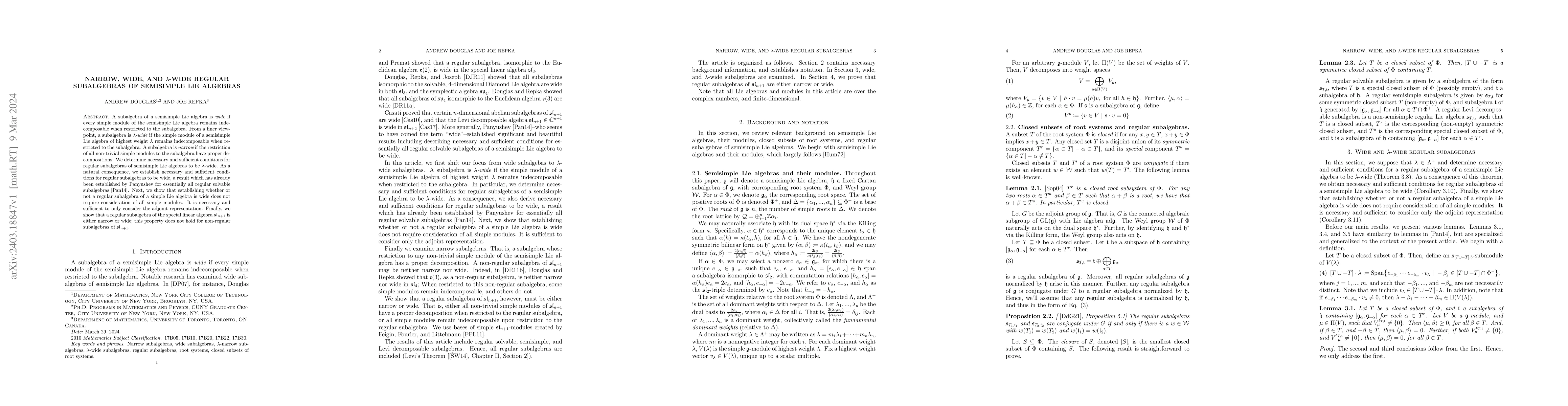 Thumbnail for Narrow, wide, and $\lambda$-wide regular subalgebras of semisimple Lie
  algebras