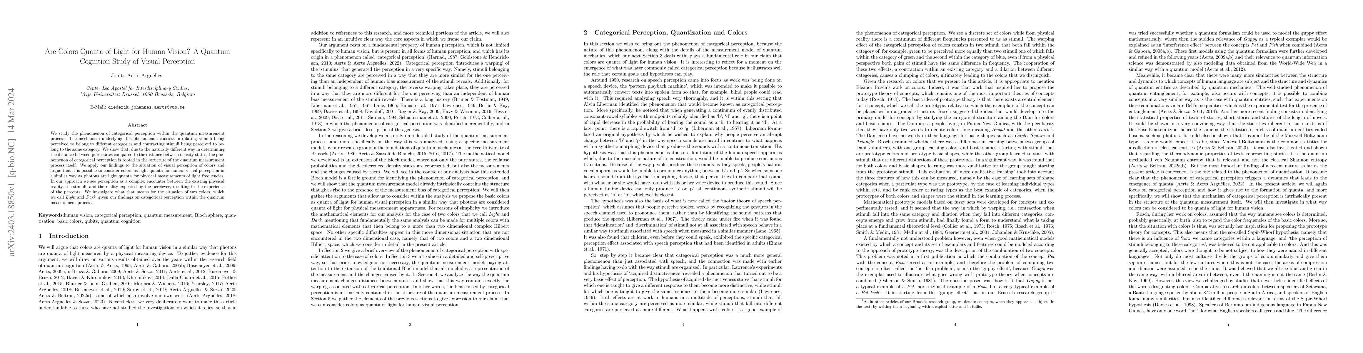 Thumbnail for Are Colors Quanta of Light for Human Vision? A Quantum Cognition Study
  of Visual Perception