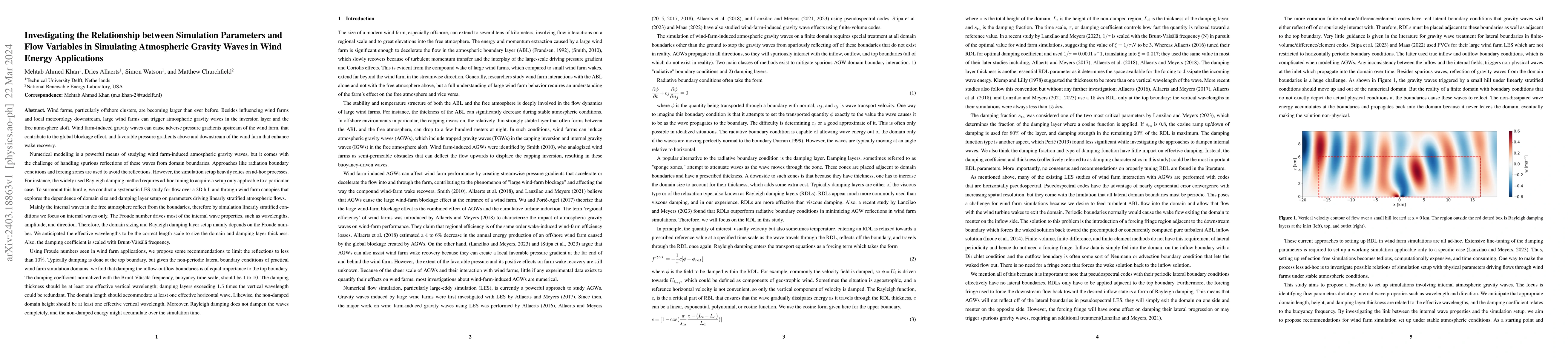 Thumbnail for Investigating the Relationship between Simulation Parameters and Flow
  Variables in Simulating Atmospheric Gravity Waves in Wind Energy Applications