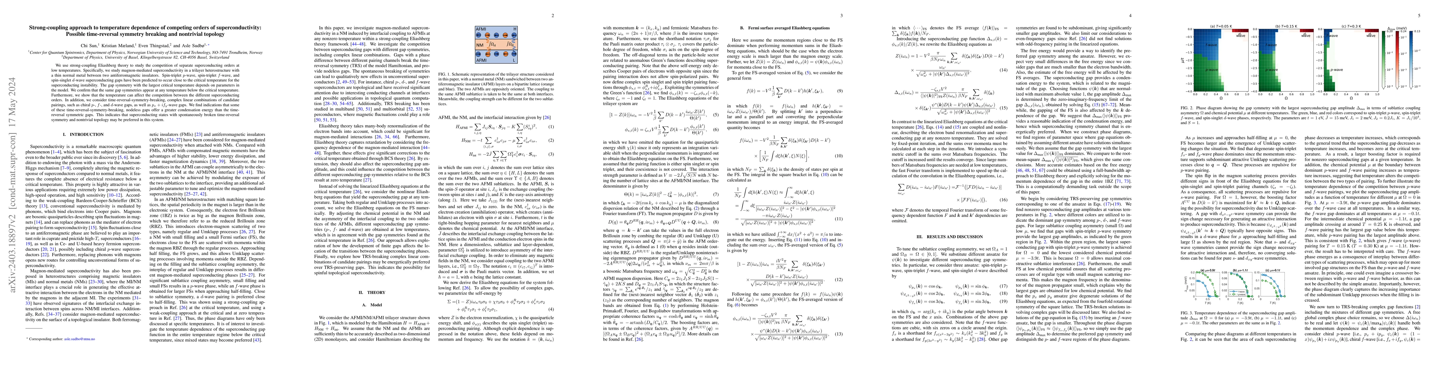 Thumbnail for Strong-coupling approach to temperature dependence of competing orders
  of superconductivity: Possible time-reversal symmetry breaking and nontrivial
  topology