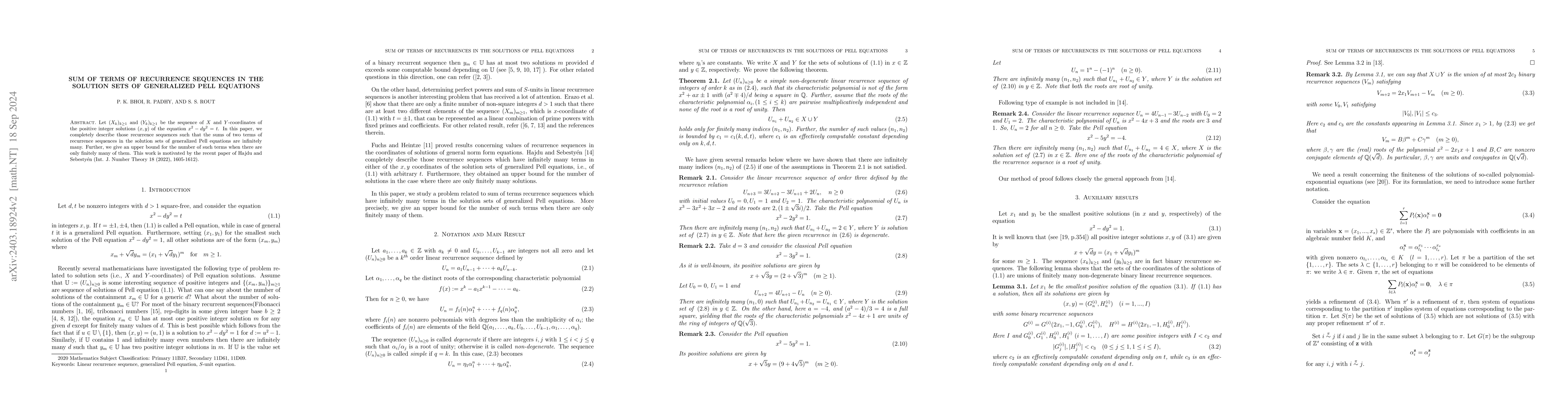 Thumbnail for Sum of terms of recurrence sequences in the solution sets of generalized
  Pell equations