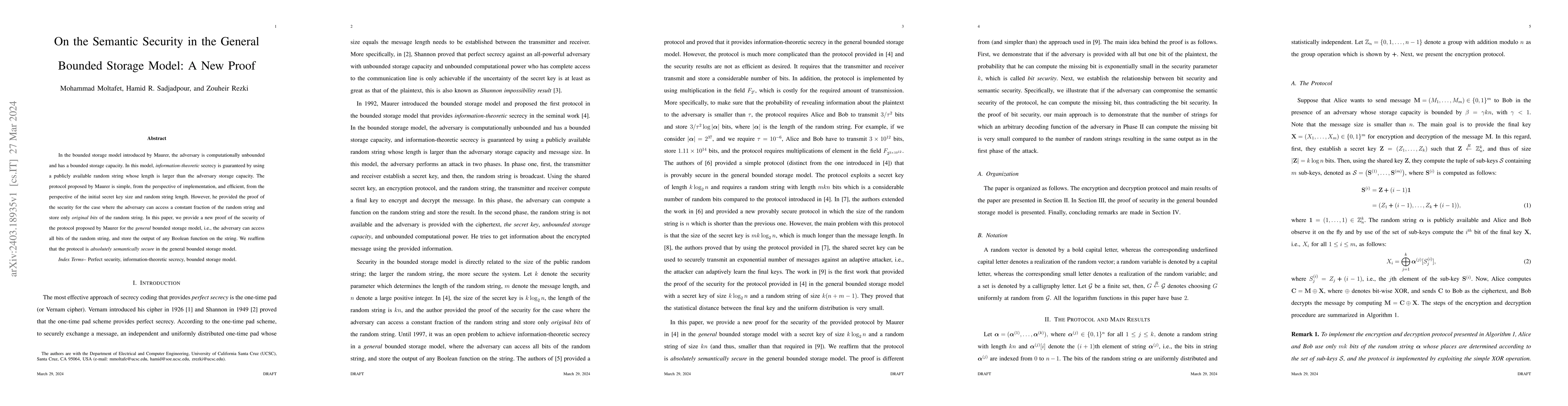 Thumbnail for On the Semantic Security in the General Bounded Storage Model: A New
  Proof