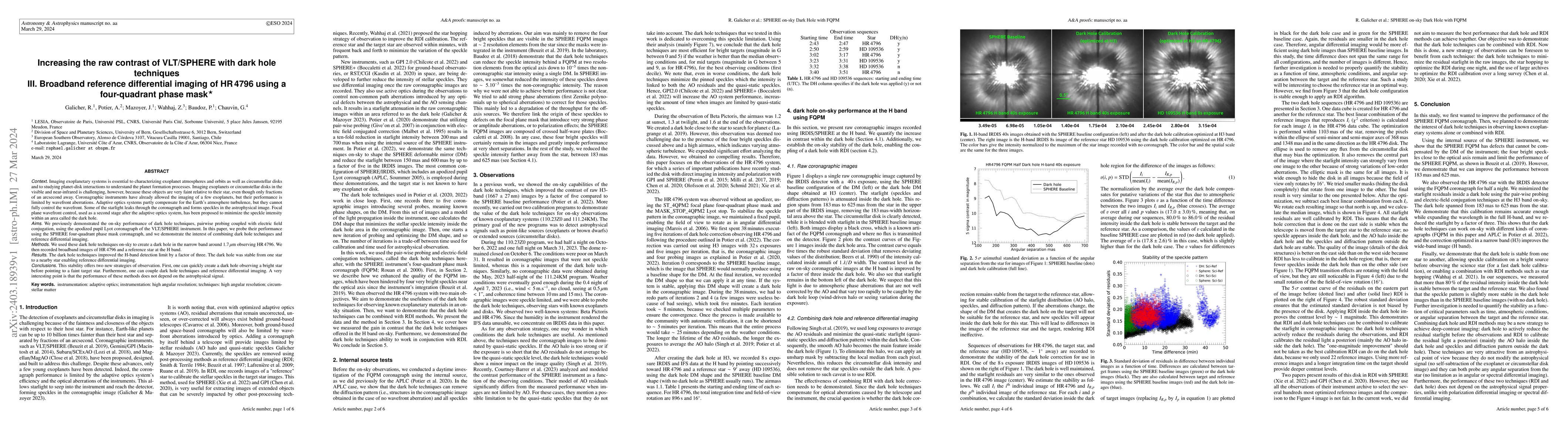 Thumbnail for Increasing the raw contrast of VLT/SPHERE with dark hole techniques III.
  Broadband reference differential imaging of HR\,4796 using a four-quadrant
  phase mask