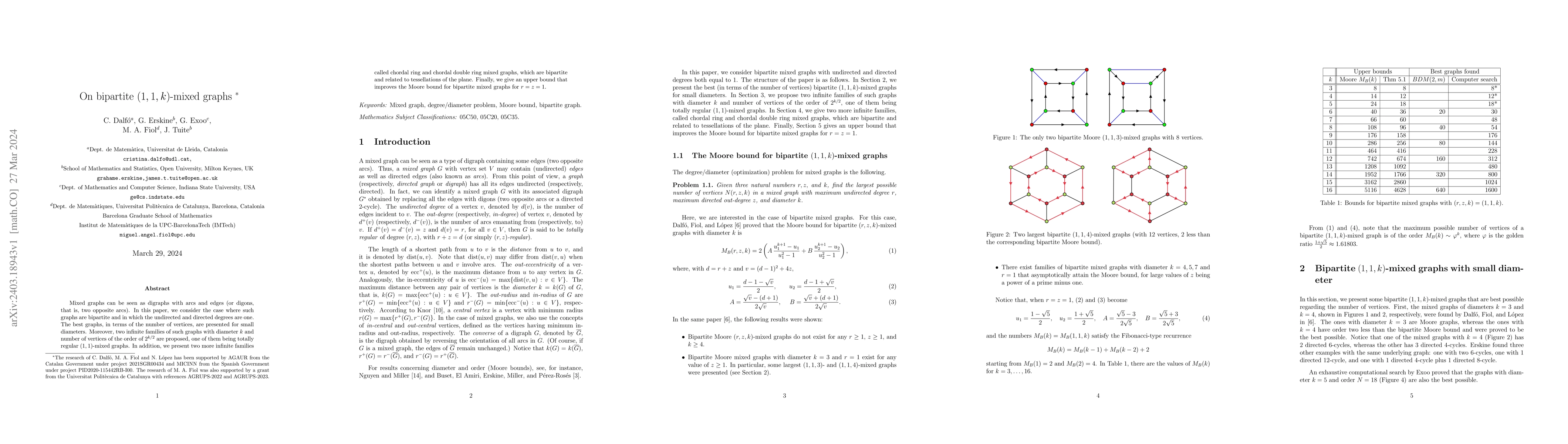 Thumbnail for On bipartite $(1,1,k)$-mixed graphs