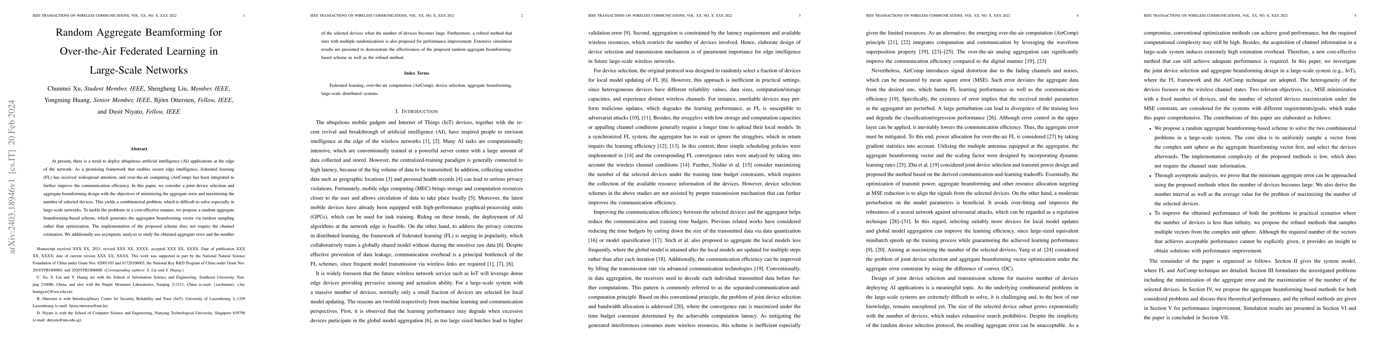 Thumbnail for Random Aggregate Beamforming for Over-the-Air Federated Learning in
  Large-Scale Networks