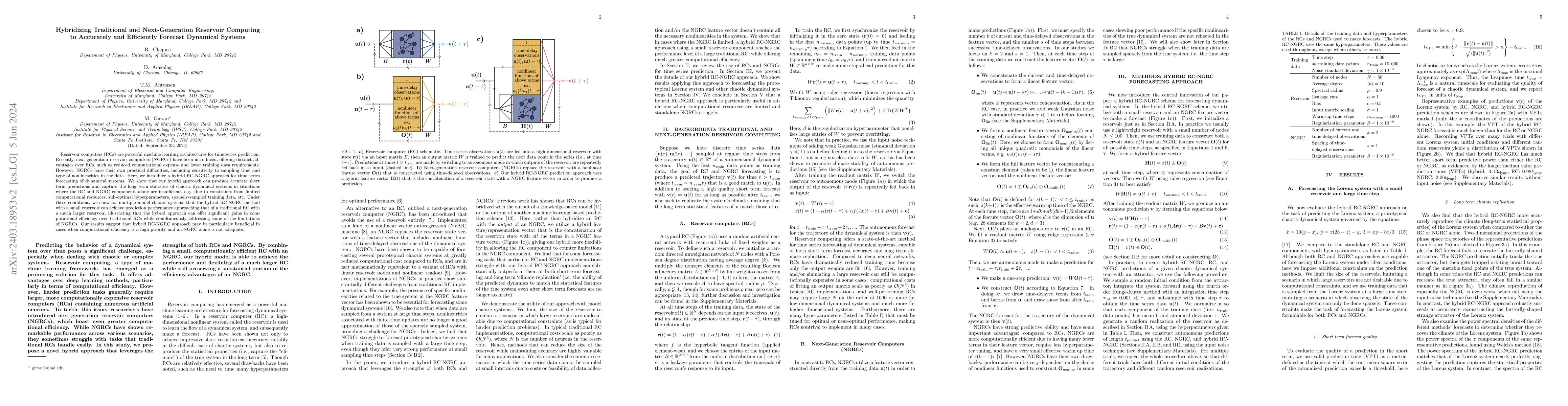 Thumbnail for Hybridizing Traditional and Next-Generation Reservoir Computing to
  Accurately and Efficiently Forecast Dynamical Systems