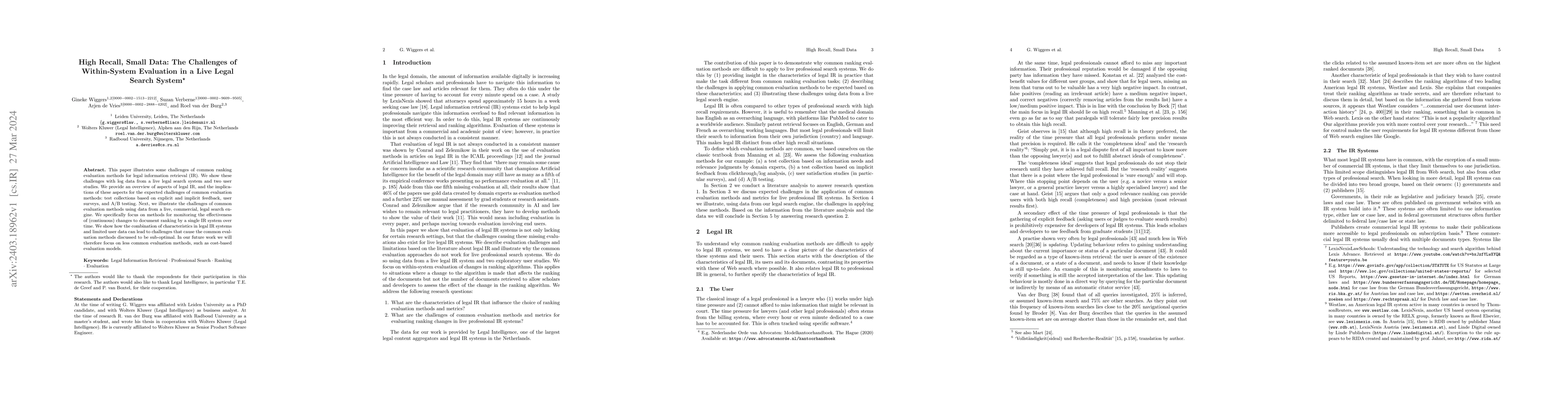 Thumbnail for High Recall, Small Data: The Challenges of Within-System Evaluation in a
  Live Legal Search System