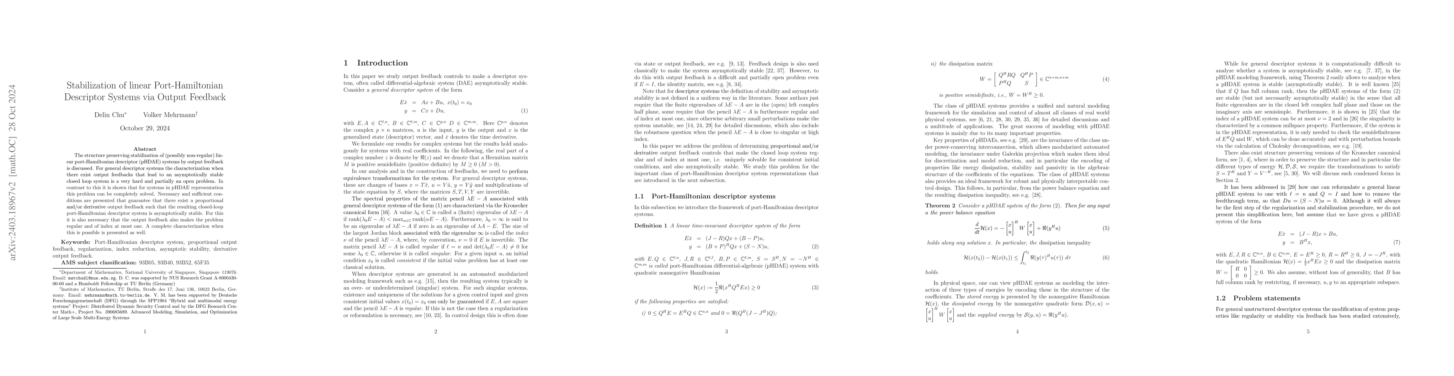 Thumbnail for Stabilization of linear Port-Hamiltonian Descriptor Systems via Output
  Feedback