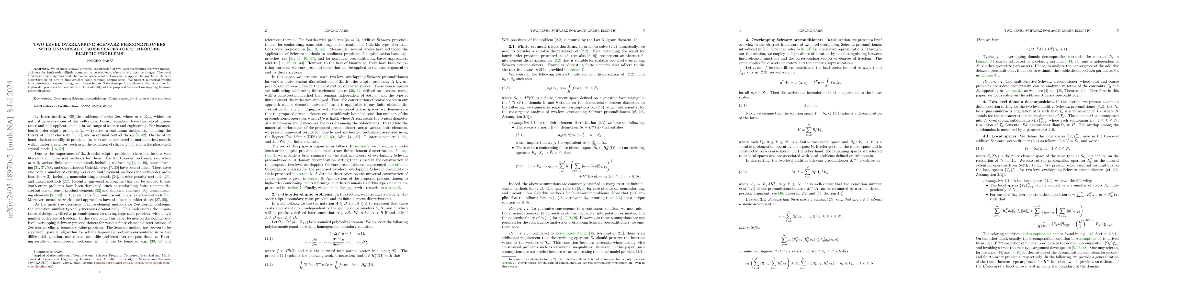 Thumbnail for Two-level overlapping Schwarz preconditioners with universal coarse
  spaces for $2m$th-order elliptic problems