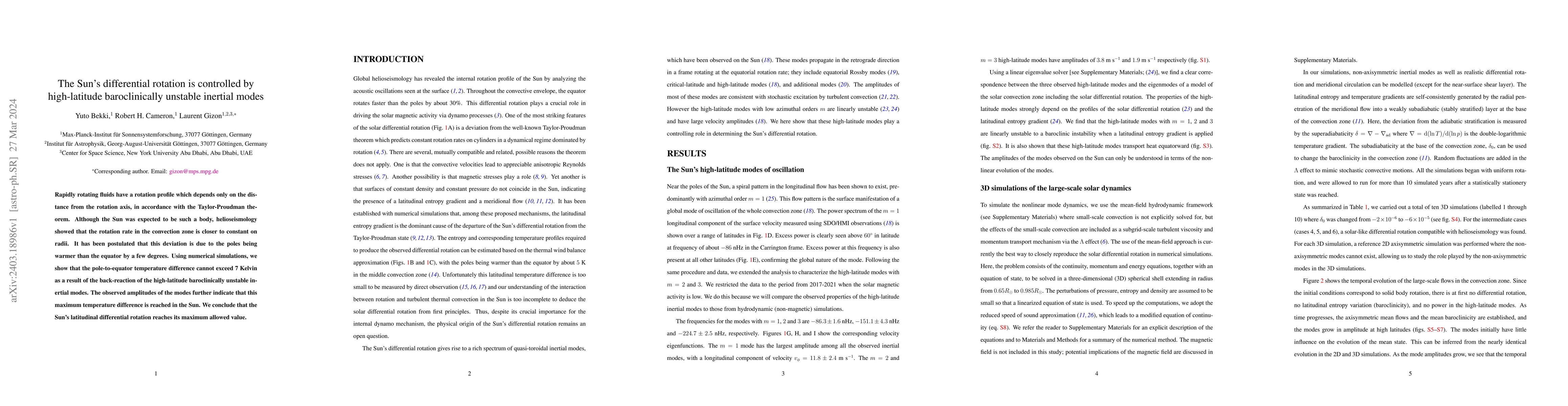 Thumbnail for The Sun's differential rotation is controlled by high-latitude
  baroclinically unstable inertial modes