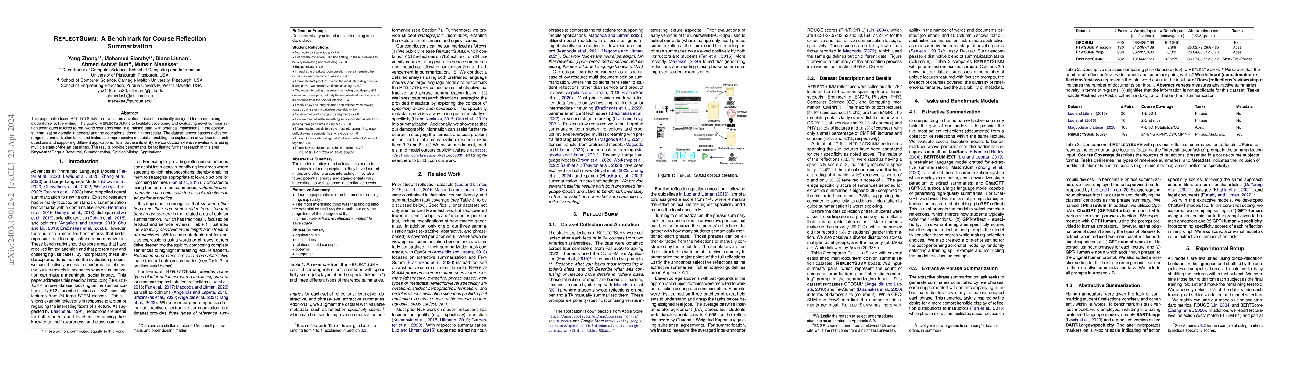 Thumbnail for ReflectSumm: A Benchmark for Course Reflection Summarization