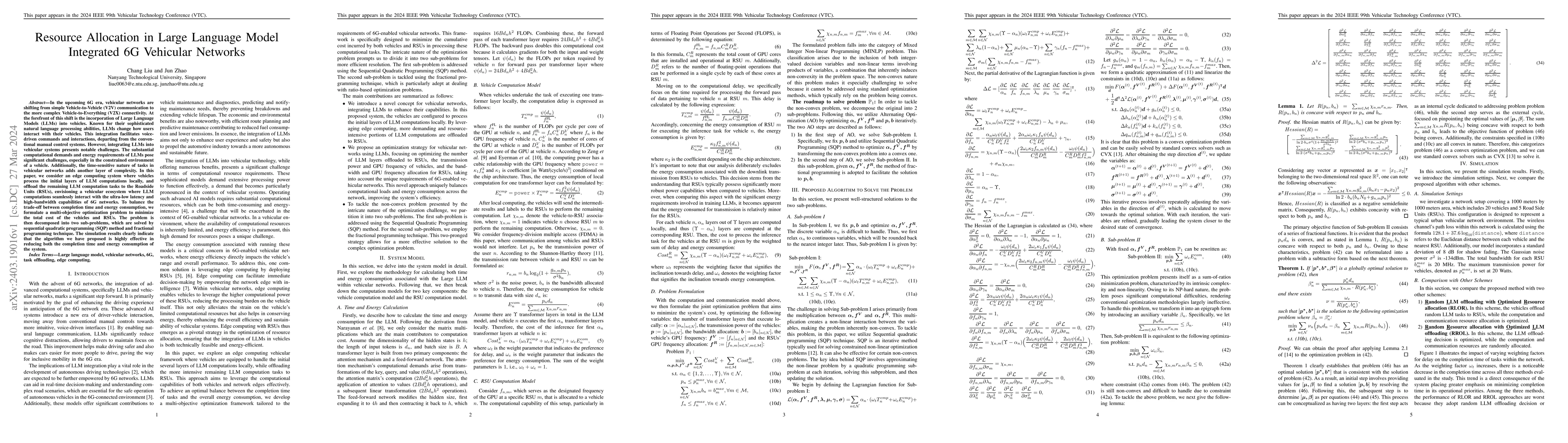 Thumbnail for Resource Allocation in Large Language Model Integrated 6G Vehicular
  Networks