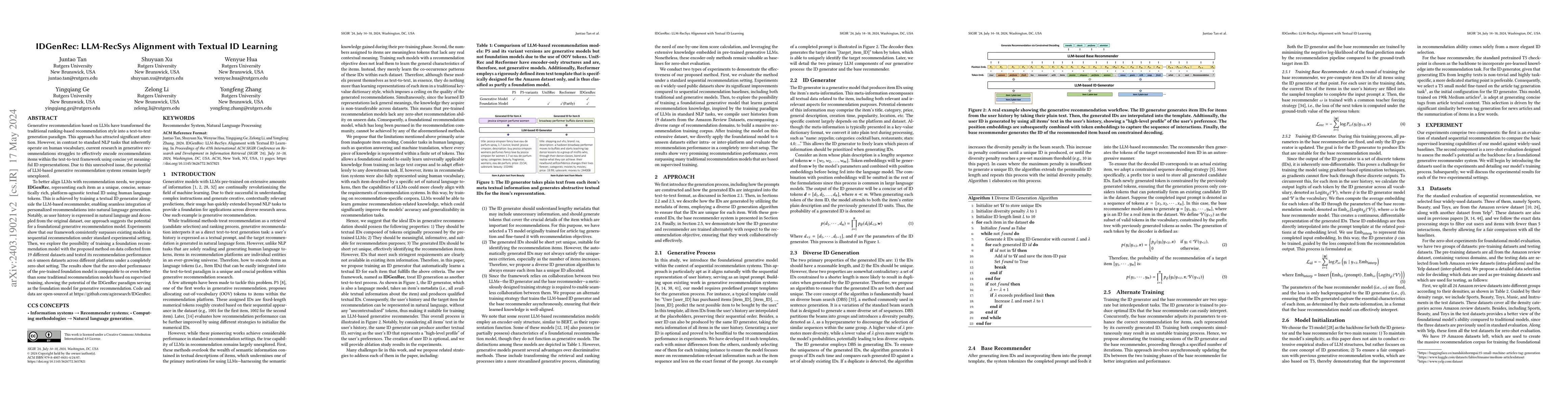 Thumbnail for IDGenRec: LLM-RecSys Alignment with Textual ID Learning