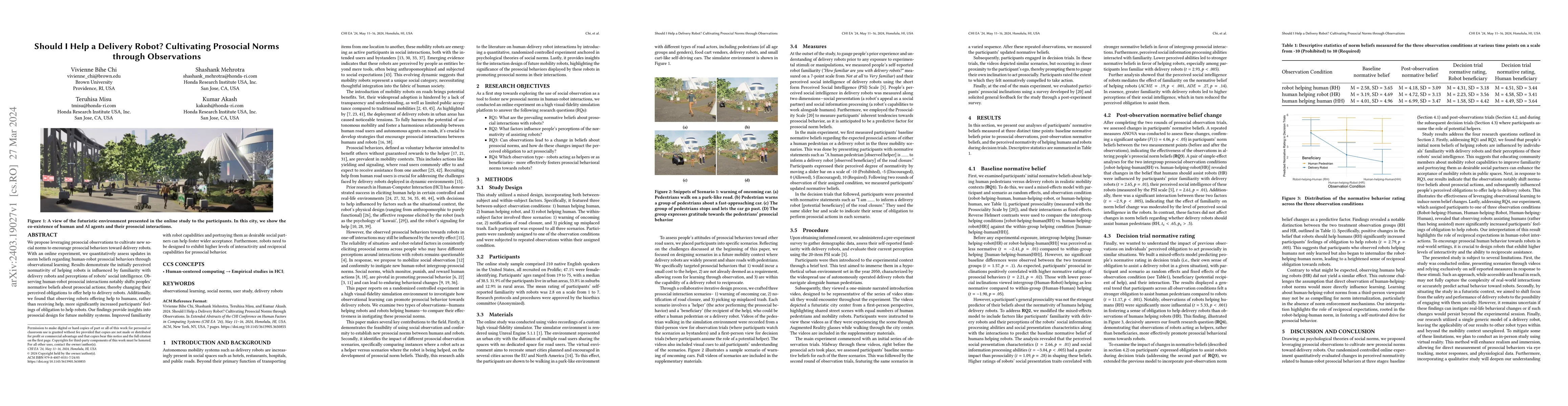 Thumbnail for Should I Help a Delivery Robot? Cultivating Prosocial Norms through
  Observations