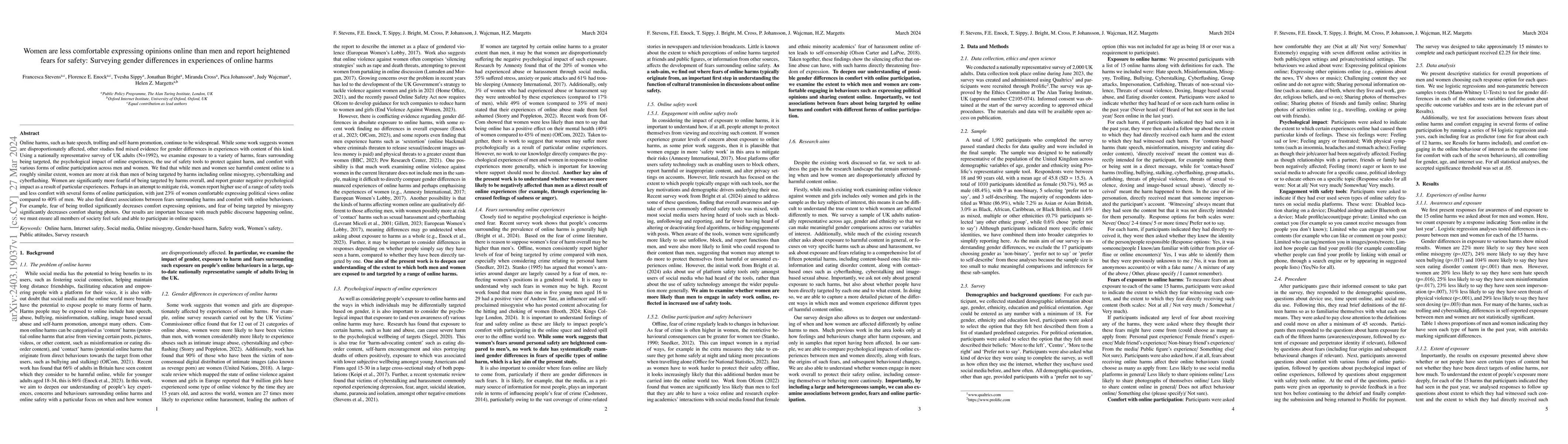 Thumbnail for Women are less comfortable expressing opinions online than men and
  report heightened fears for safety: Surveying gender differences in
  experiences of online harms