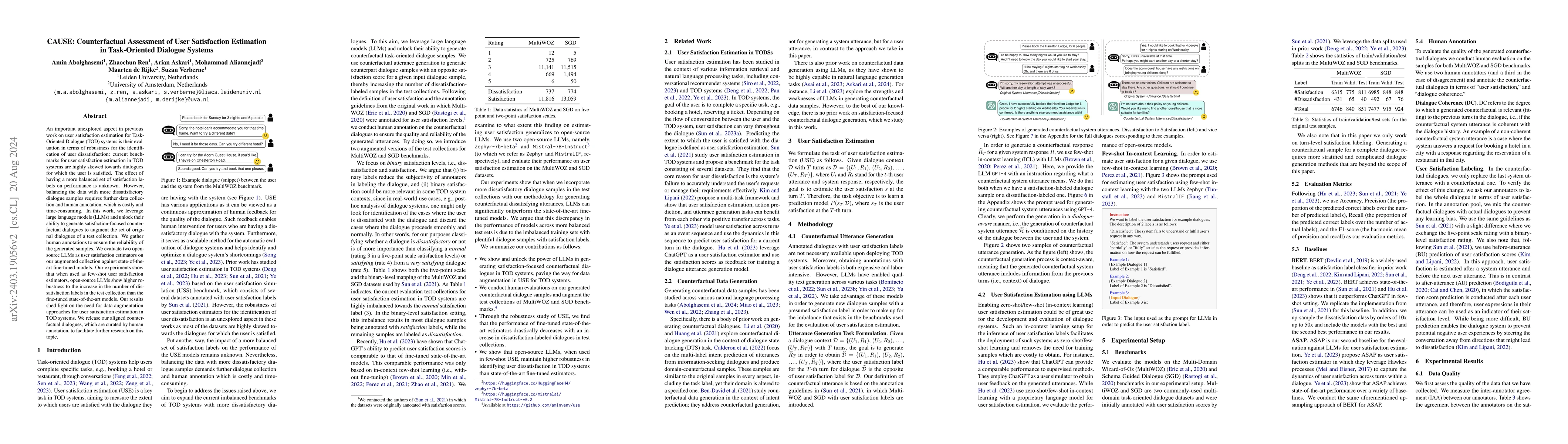 Thumbnail for CAUSE: Counterfactual Assessment of User Satisfaction Estimation in
  Task-Oriented Dialogue Systems
