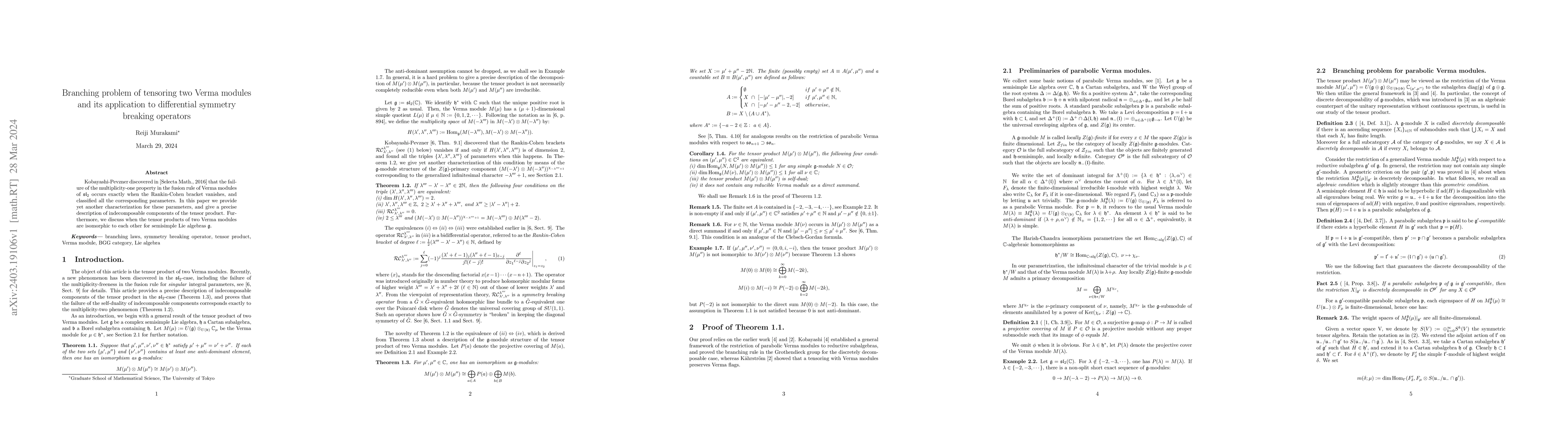 Thumbnail for Branching problem of tensoring two Verma modules and its application to
  differential symmetry breaking operators