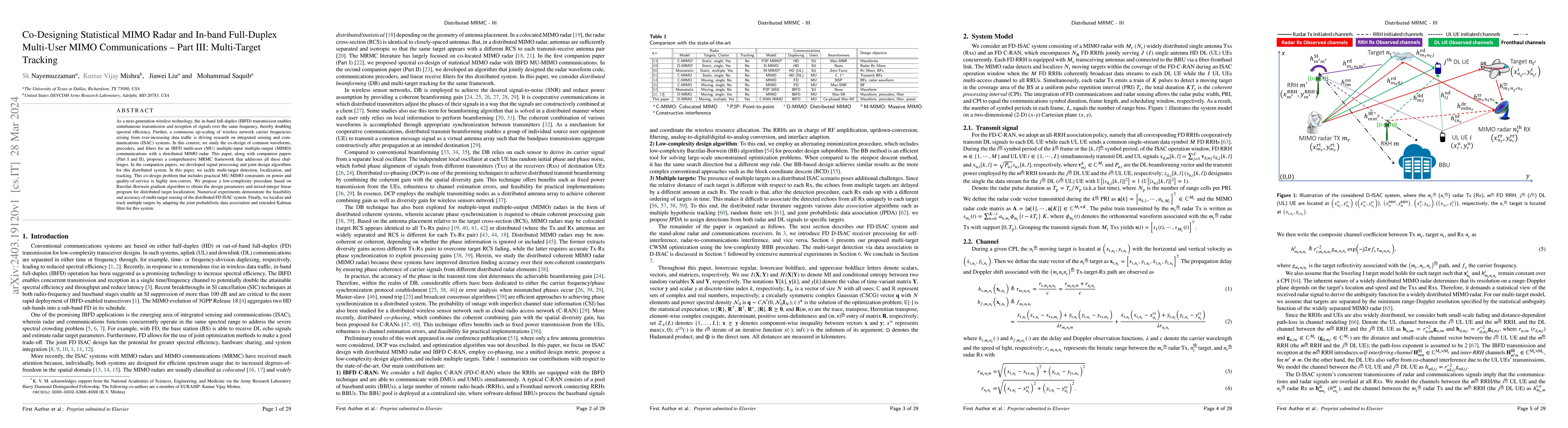 Thumbnail for Co-Designing Statistical MIMO Radar and In-band Full-Duplex Multi-User
  MIMO Communications -- Part III: Multi-Target Tracking