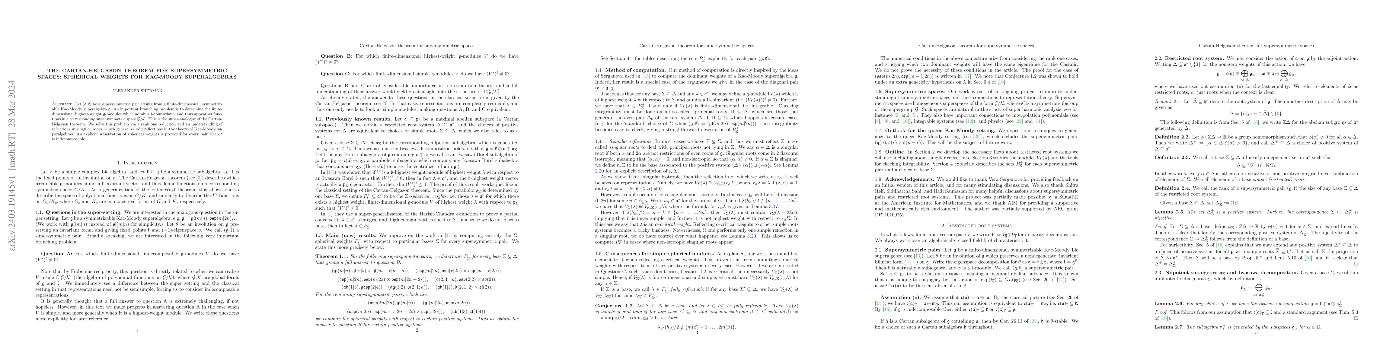 Thumbnail for The Cartan-Helgason theorem for supersymmetric spaces: spherical weights
  for Kac-Moody superalgebras