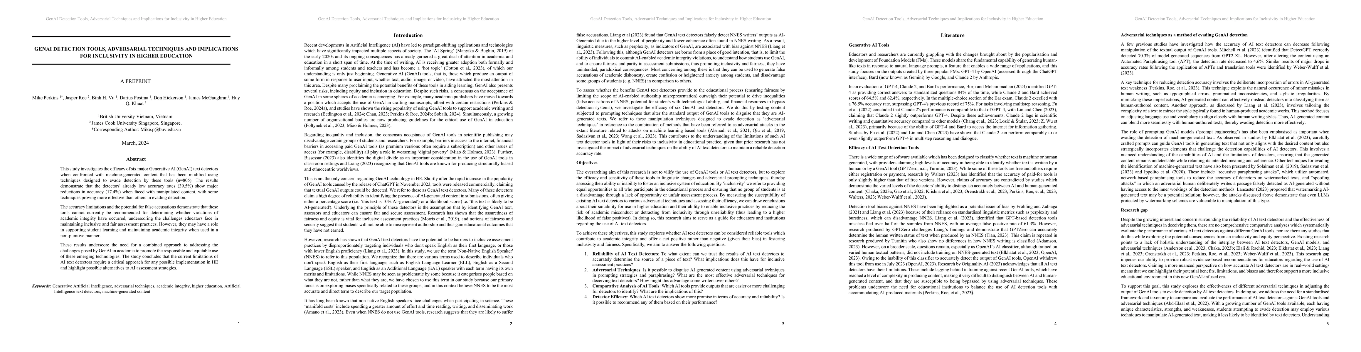 Thumbnail for GenAI Detection Tools, Adversarial Techniques and Implications for
  Inclusivity in Higher Education