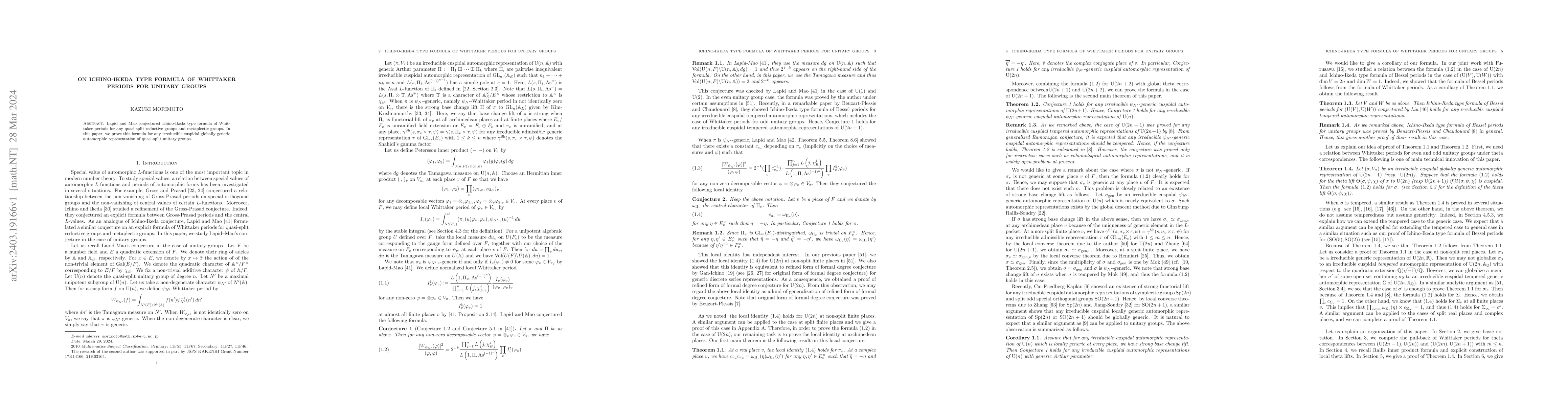 Thumbnail for On Ichino-Ikeda type formula of Whittaker periods for unitary groups