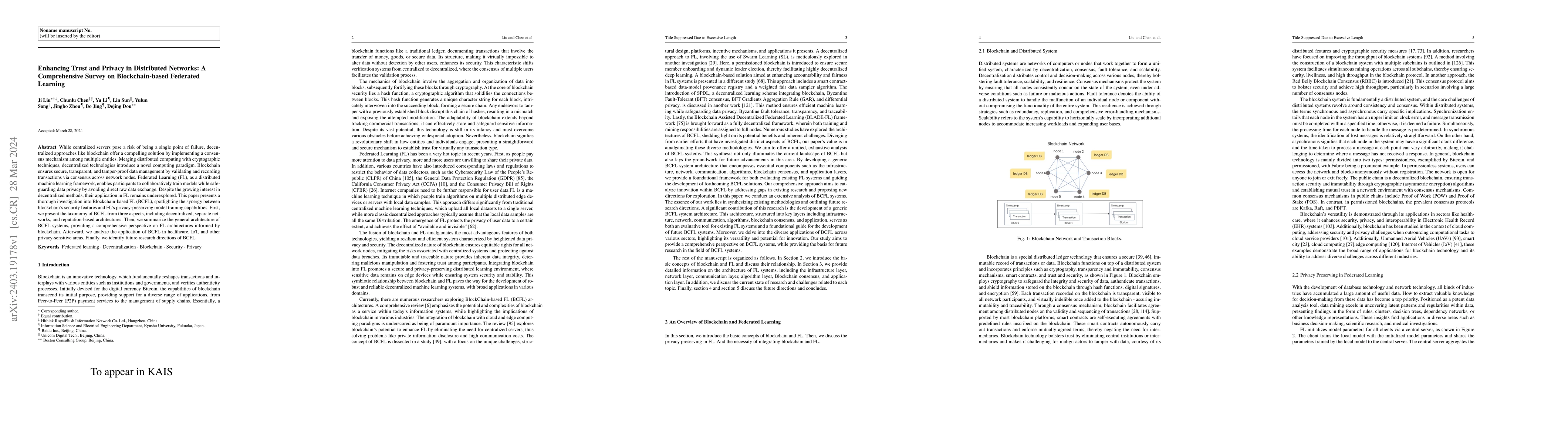 Thumbnail for Enhancing Trust and Privacy in Distributed Networks: A Comprehensive
  Survey on Blockchain-based Federated Learning