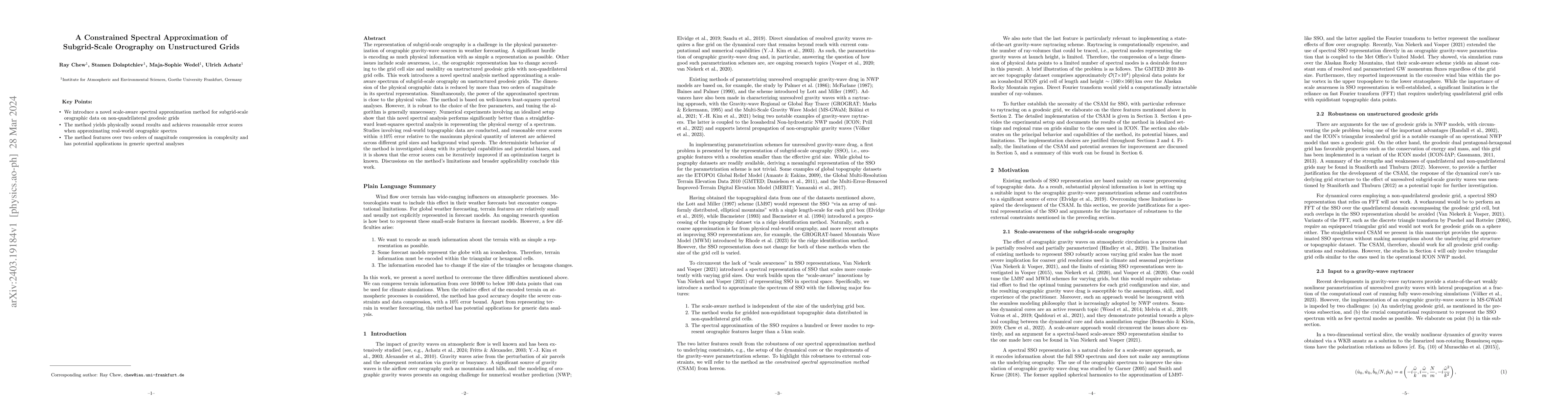 Thumbnail for A Constrained Spectral Approximation of Subgrid-Scale Orography on
  Unstructured Grids