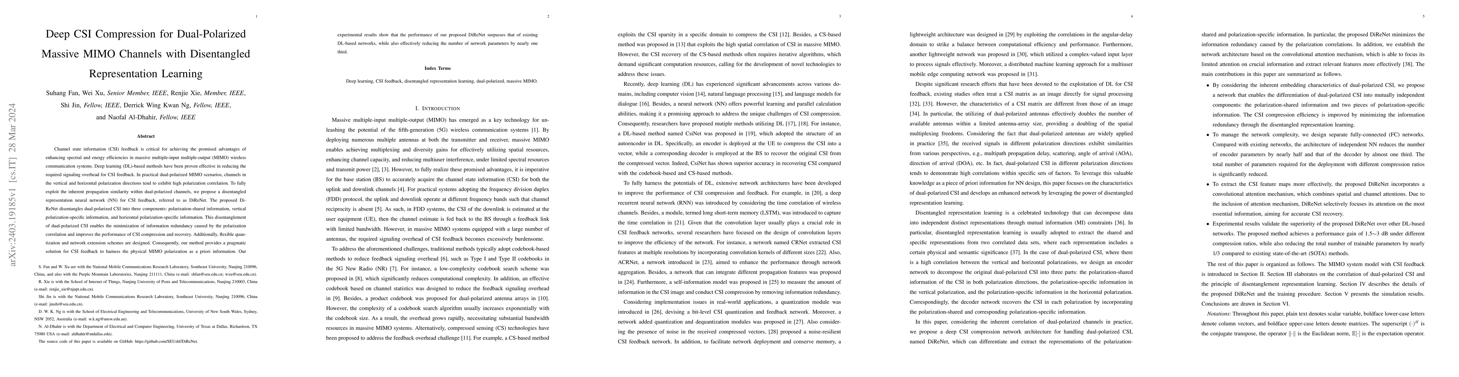 Thumbnail for Deep CSI Compression for Dual-Polarized Massive MIMO Channels with
  Disentangled Representation Learning