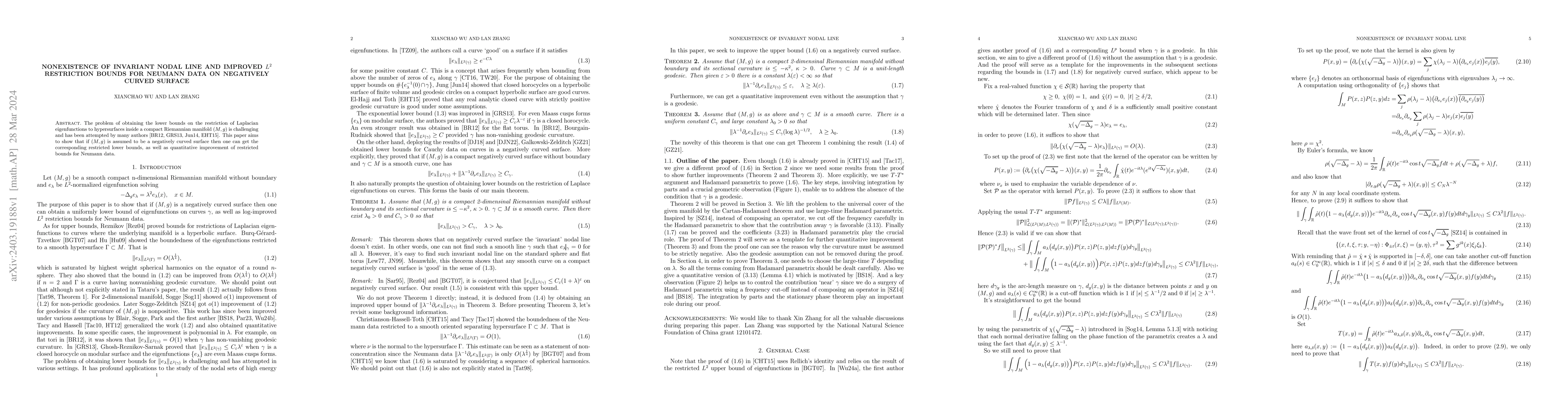 Thumbnail for Nonexistence of invariant nodal line and improved $L^2$ restriction
  bounds for Neumann data on negatively curved surface