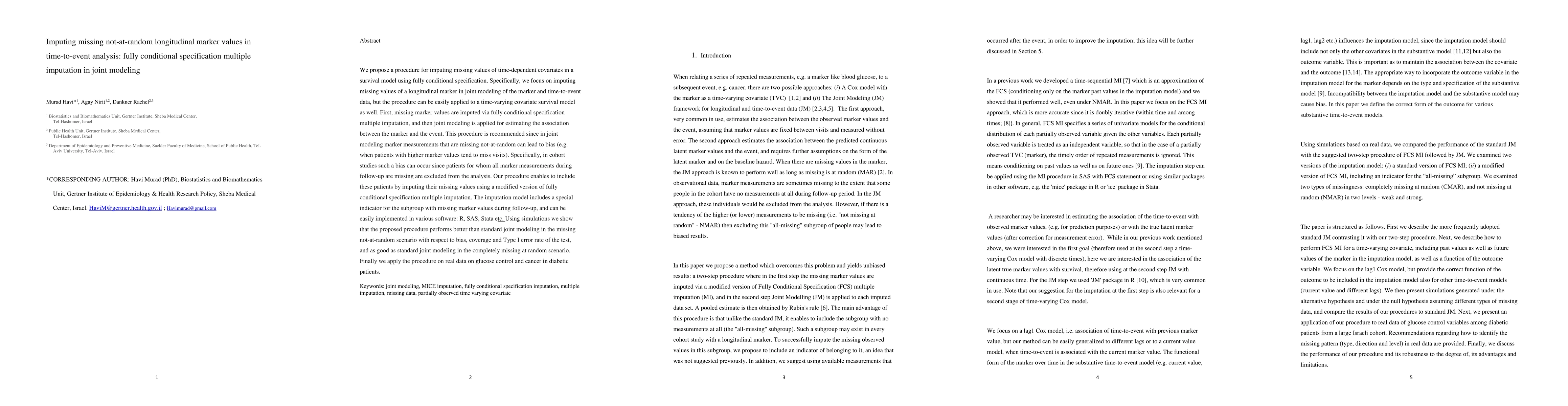 Thumbnail for Imputing missing not-at-random longitudinal marker values in
  time-to-event analysis: fully conditional specification multiple imputation
  in joint modeling