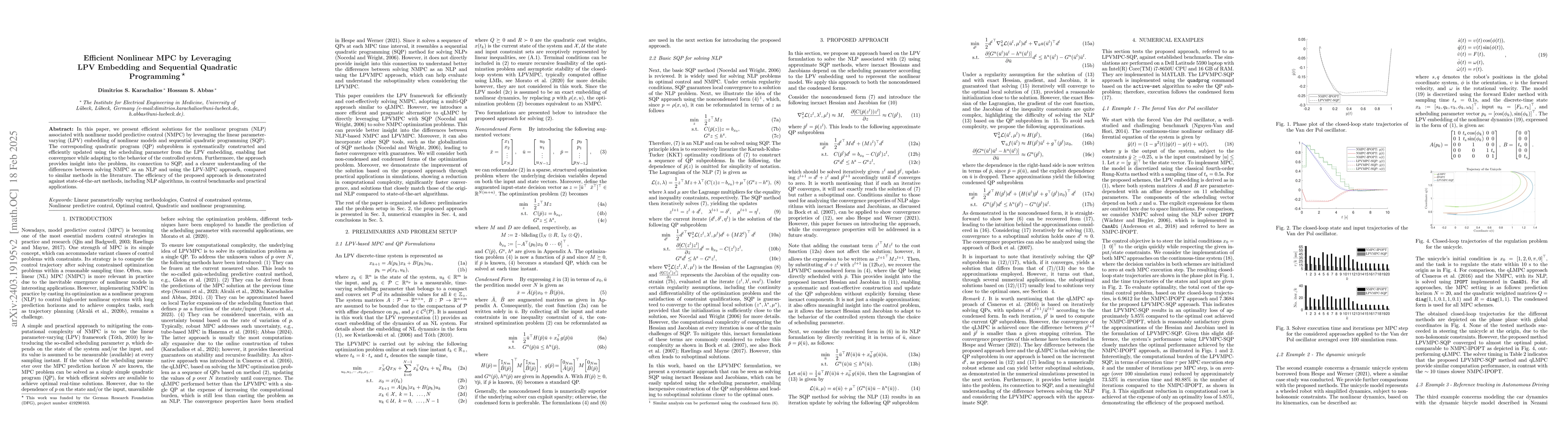 Thumbnail for Efficient Nonlinear Model Predictive Control by Leveraging Linear
  Parameter-Varying Embedding and Sequential Quadratic Programming