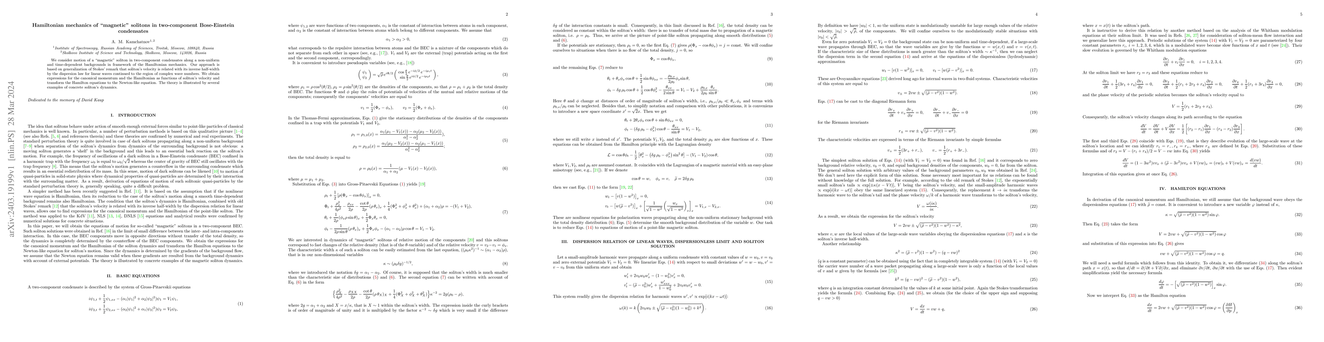 Thumbnail for Hamiltonian mechanics of "magnetic'' solitons in two-component
  Bose-Einstein condensates