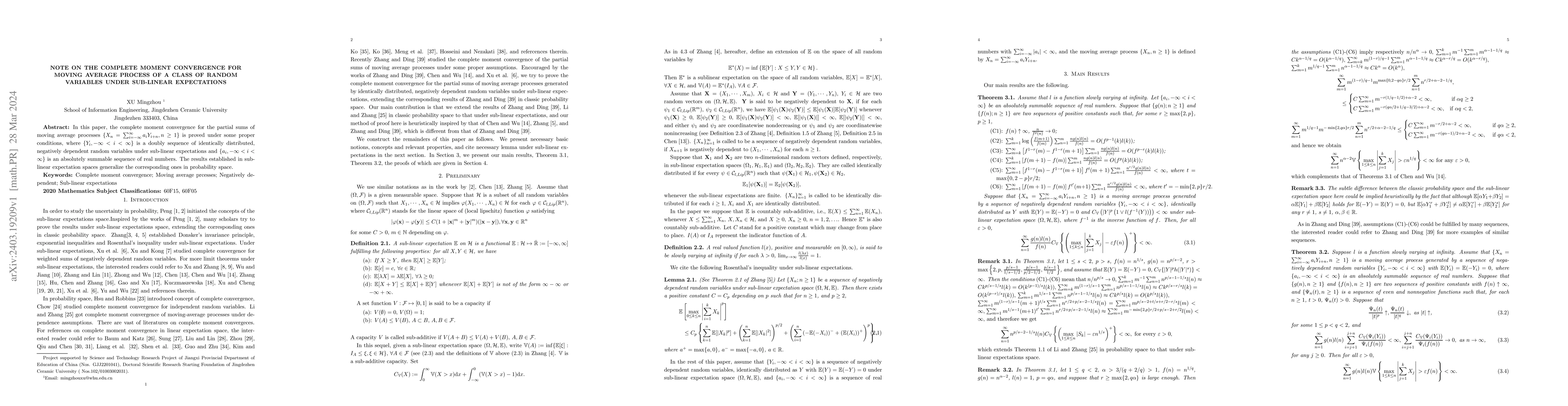 Thumbnail for Note on the complete moment convergence for moving average process of a
  class of random variables under sub-linear expectations