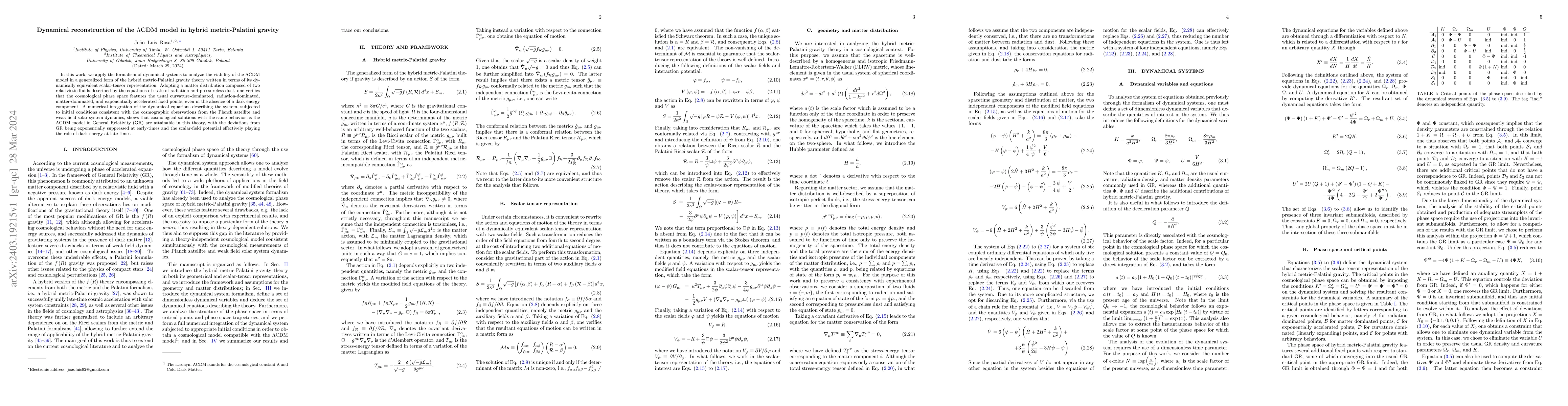Thumbnail for Dynamical reconstruction of the $\Lambda$CDM model in hybrid
  metric-Palatini gravity