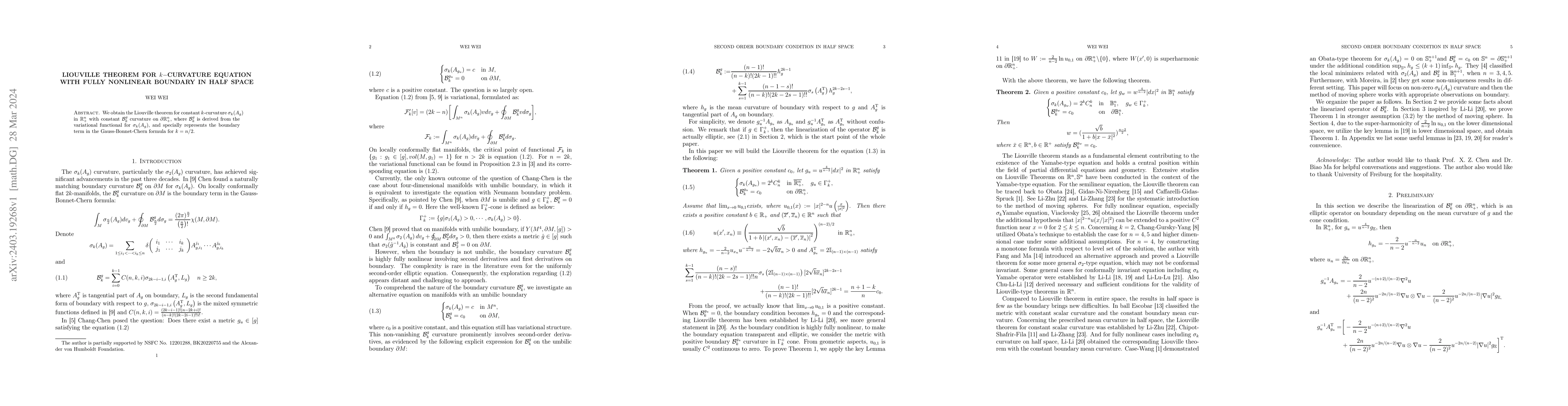 Thumbnail for Liouville Theorem for $k-$curvature equation with fully nonlinear
  boundary in half space