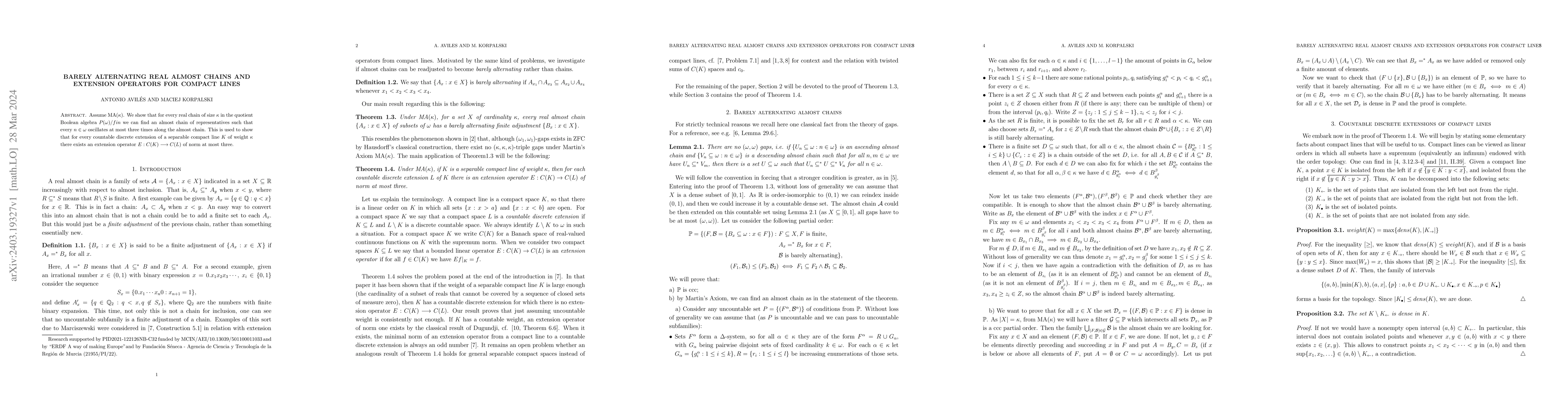 Thumbnail for Barely alternating real almost chains and extension operators for
  compact lines