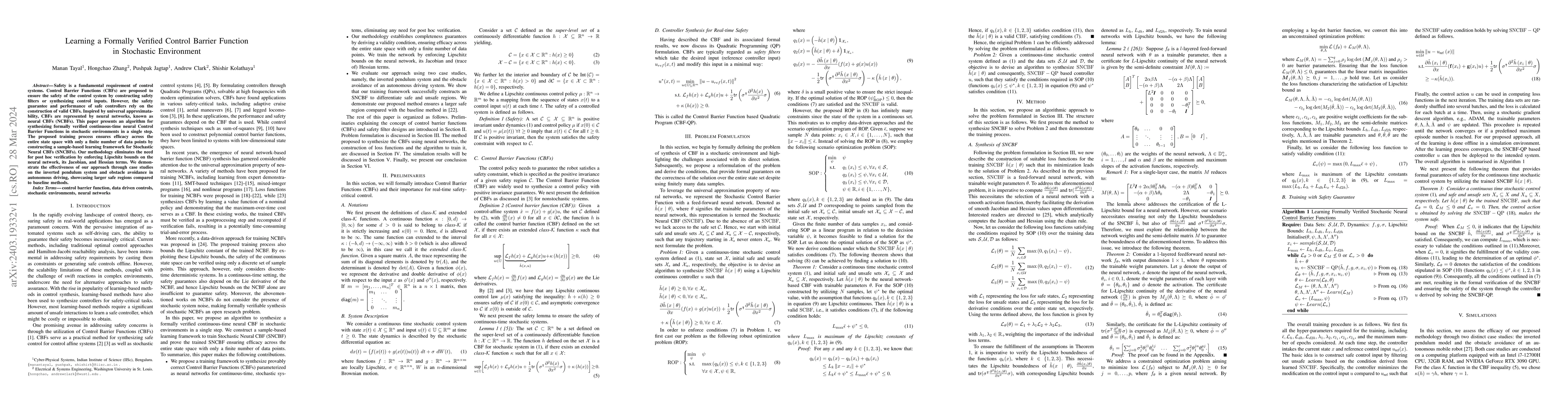 Thumbnail for Learning a Formally Verified Control Barrier Function in Stochastic
  Environment
