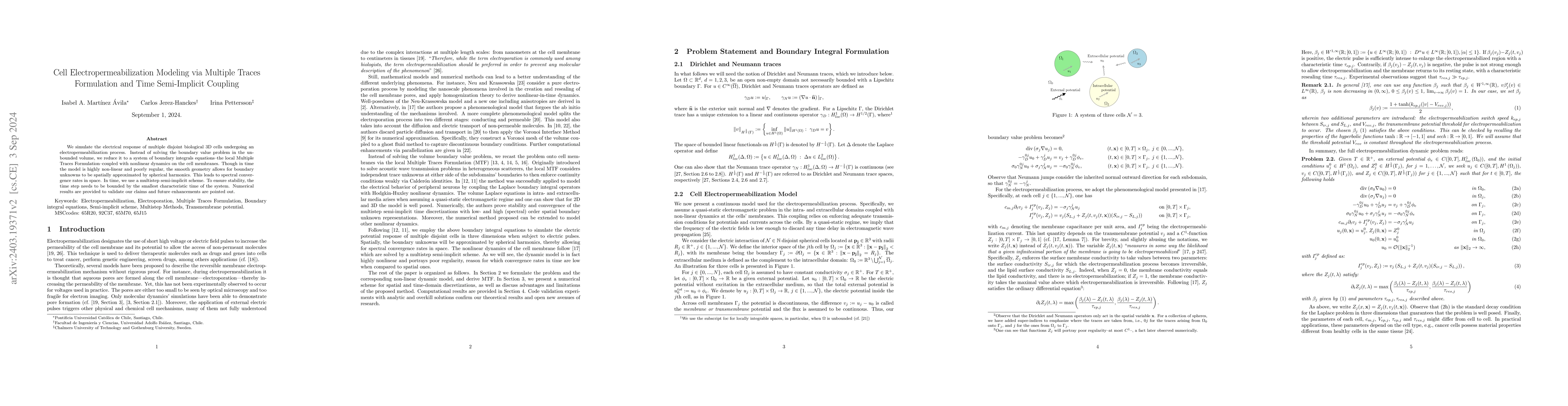 Thumbnail for Cell Electropermeabilization Modeling via Multiple Traces Formulation
  and Time Semi-Implicit Coupling