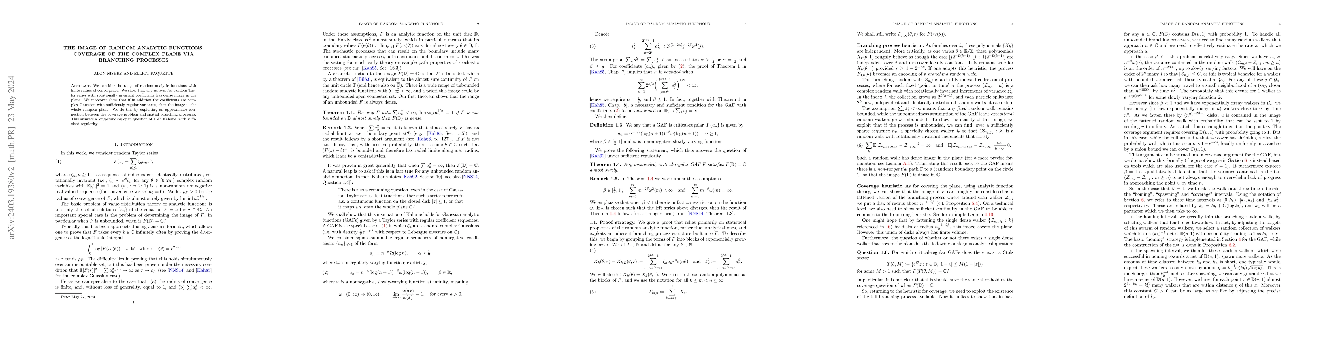 Thumbnail for The image of random analytic functions: coverage of the complex plane
  via branching processes