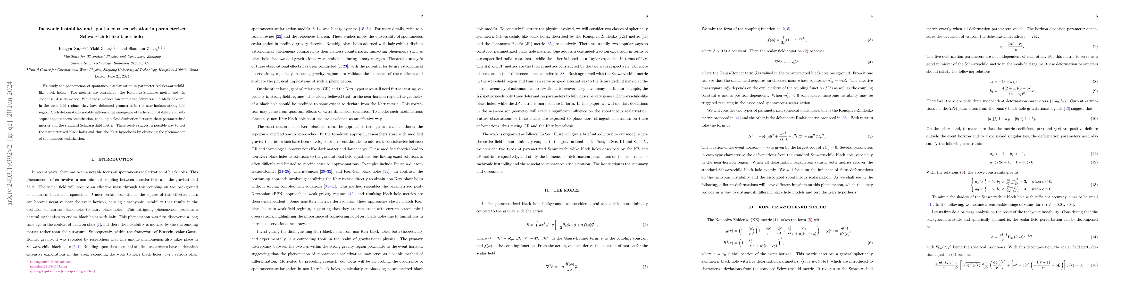 Thumbnail for Tachyonic instability and spontaneous scalarization in parameterized
  Schwarzschild-like black holes