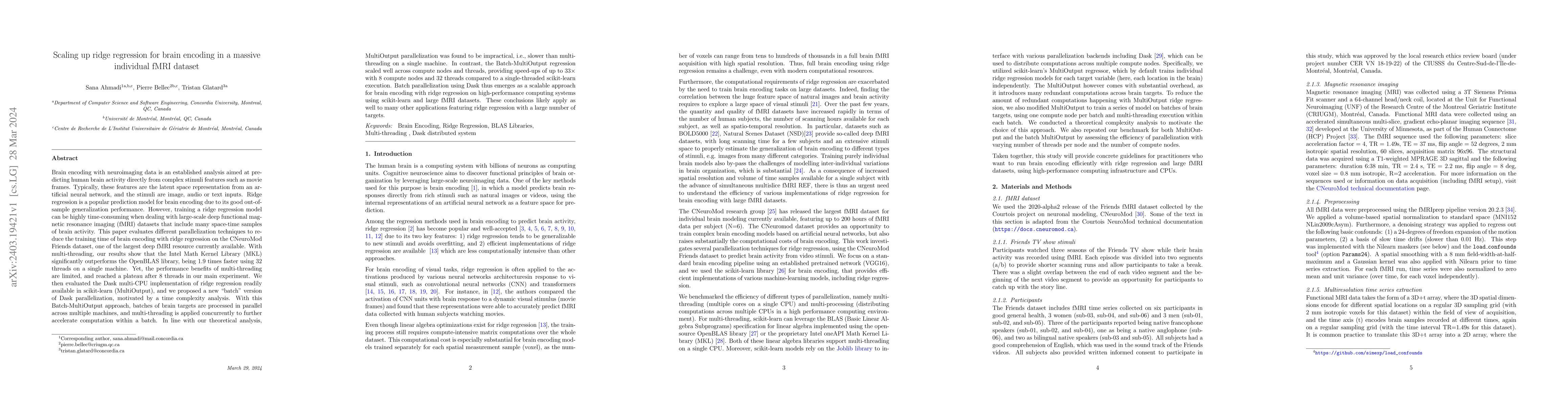Thumbnail for Scaling up ridge regression for brain encoding in a massive individual
  fMRI dataset