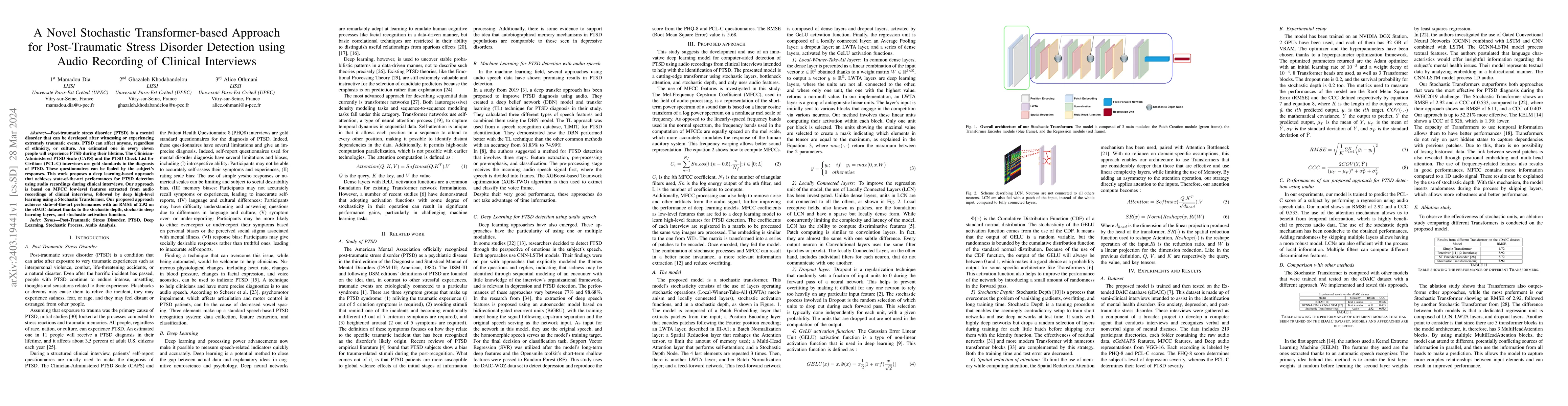 Thumbnail for A Novel Stochastic Transformer-based Approach for Post-Traumatic Stress
  Disorder Detection using Audio Recording of Clinical Interviews