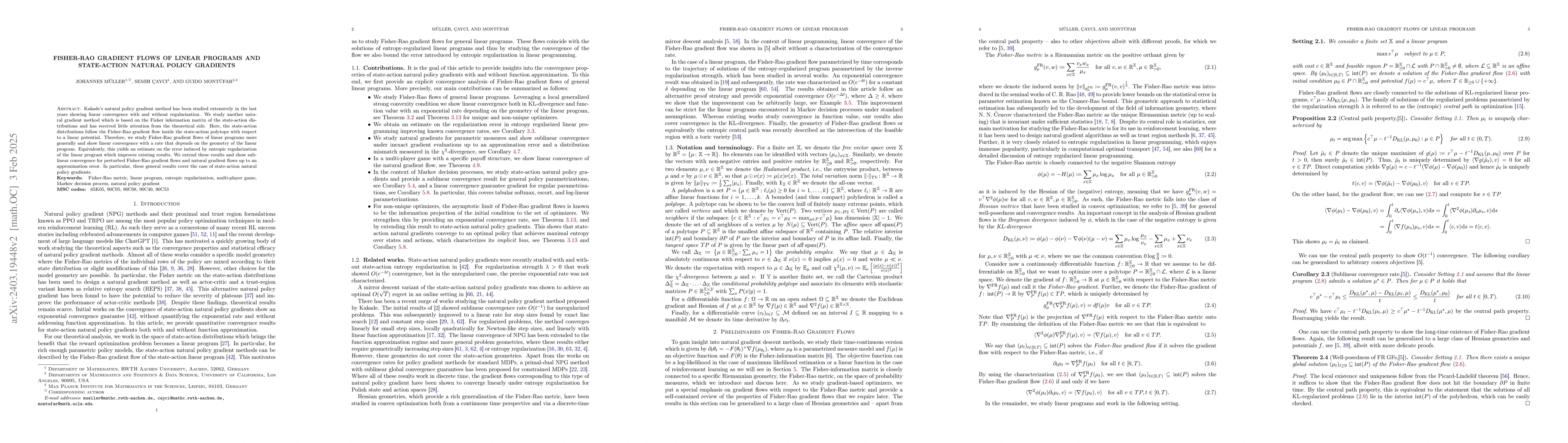 Thumbnail for Fisher-Rao Gradient Flows of Linear Programs and State-Action Natural
  Policy Gradients