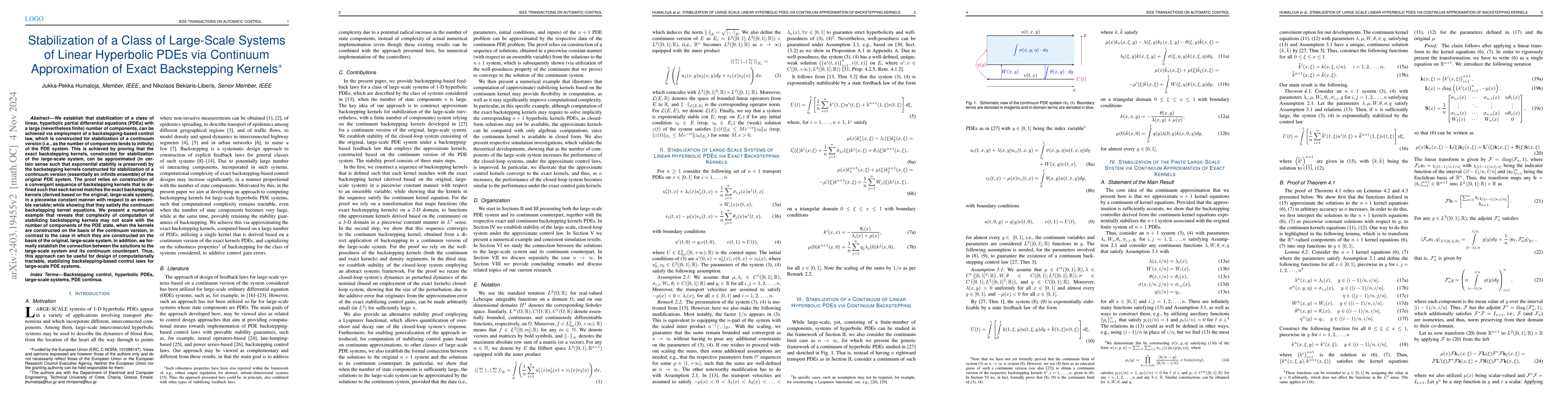 Thumbnail for Stabilization of a Class of Large-Scale Systems of Linear Hyperbolic
  PDEs via Continuum Approximation of Exact Backstepping Kernels