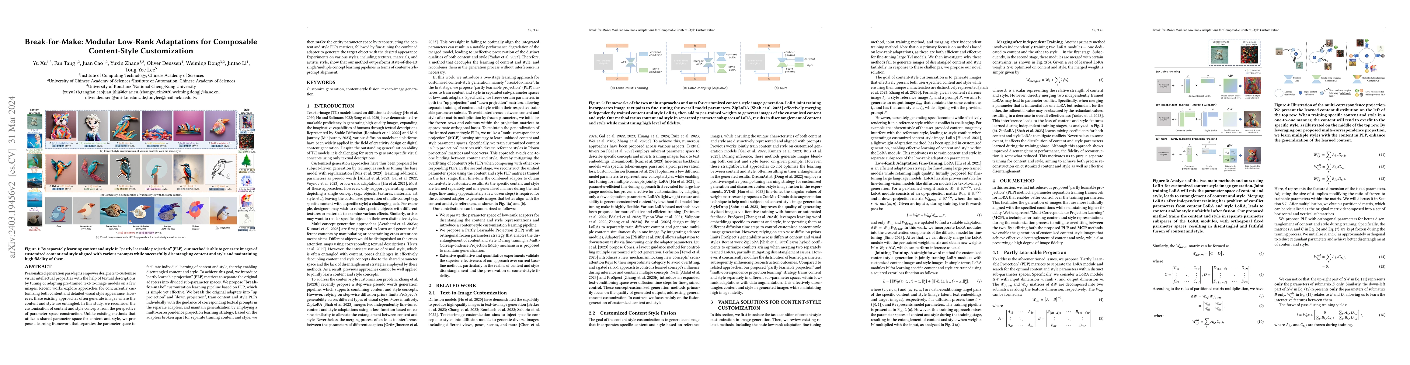 Thumbnail for Break-for-Make: Modular Low-Rank Adaptations for Composable
  Content-Style Customization