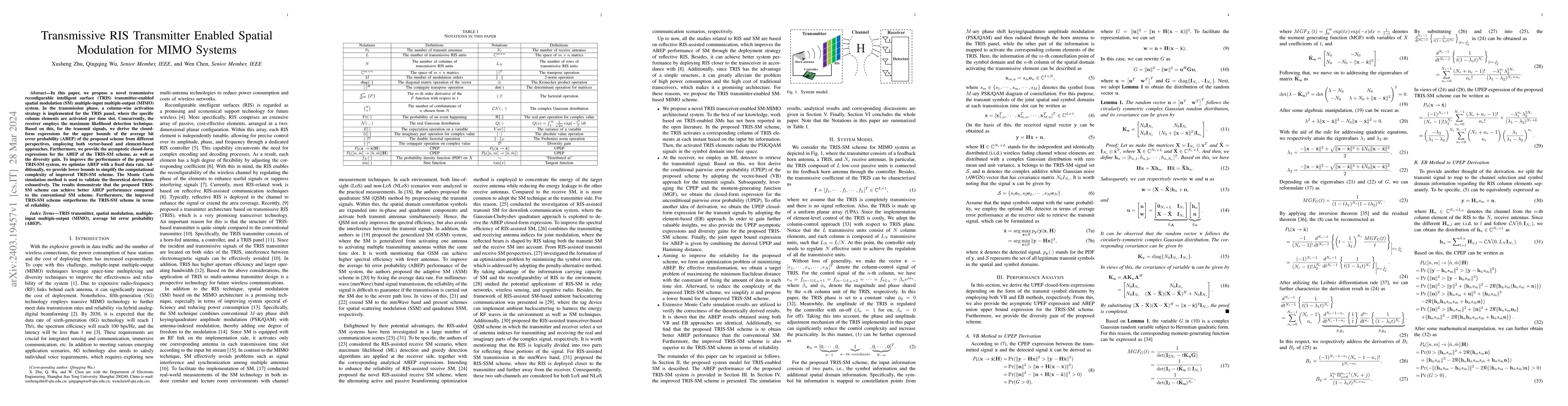 Thumbnail for Transmissive RIS Transmitter Enabled Spatial Modulation for MIMO Systems