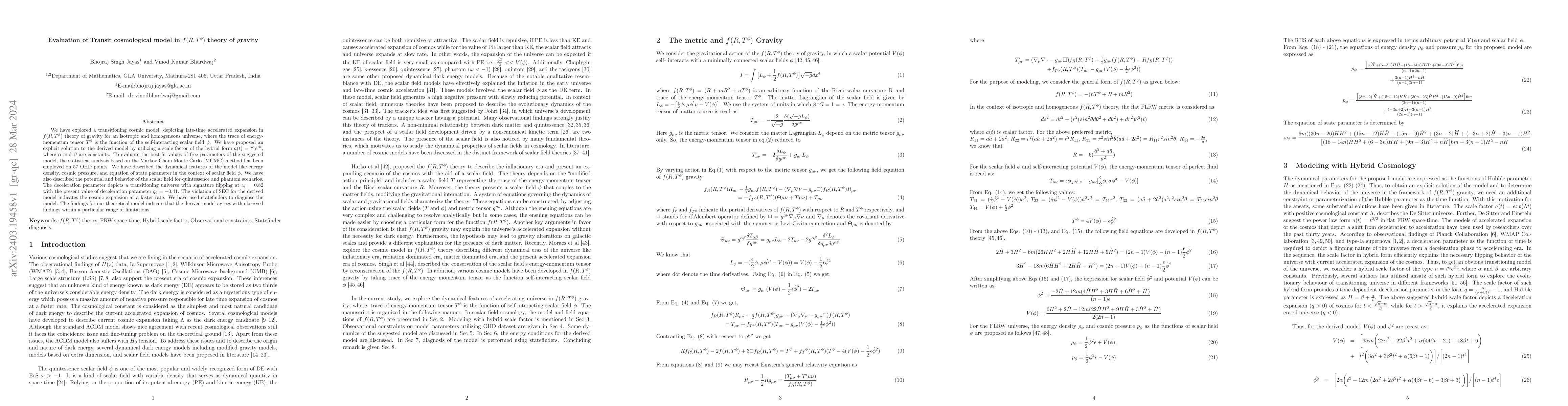 Thumbnail for Evaluation of Transit cosmological model in $f(R,T^{\phi})$ theory of
  gravity