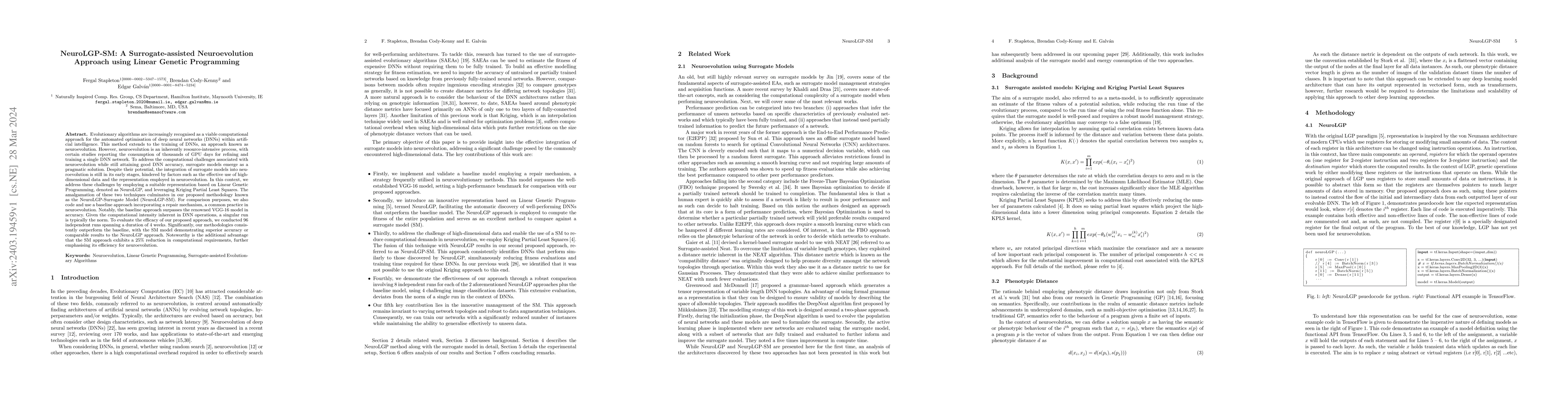 Thumbnail for NeuroLGP-SM: A Surrogate-assisted Neuroevolution Approach using Linear
  Genetic Programming
