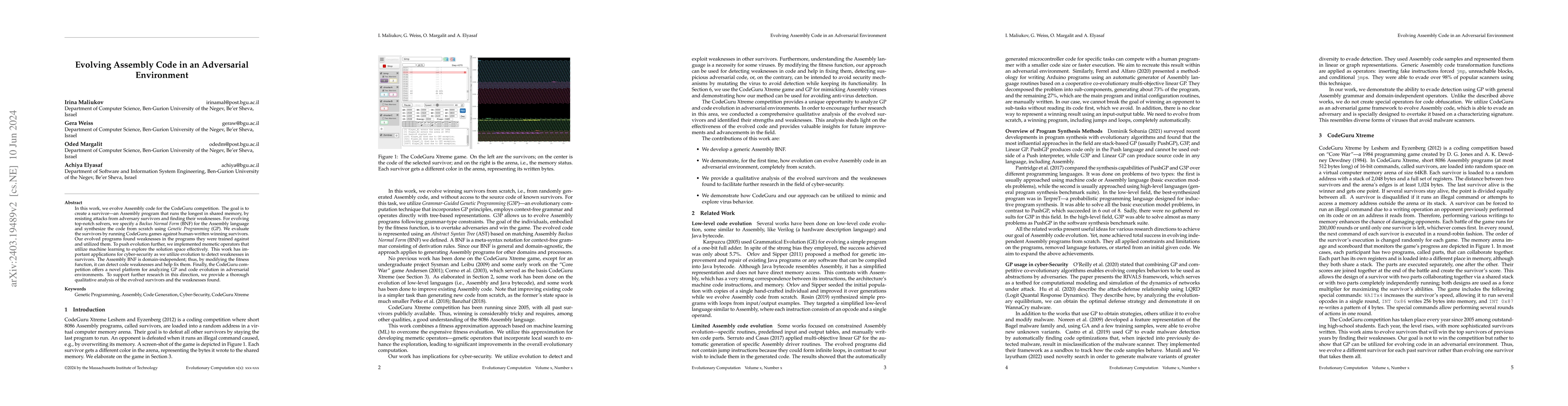 Thumbnail for Evolving Assembly Code in an Adversarial Environment